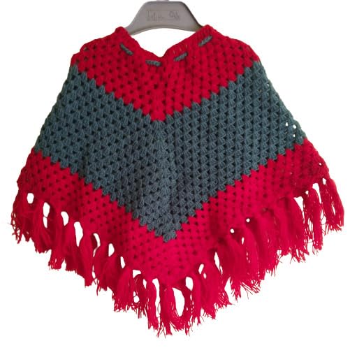 NILU CRAFT Girl Hand Knitted Woolen Poncho (7 to 8 Years, Red and Grey) - Image 2 thumbnail