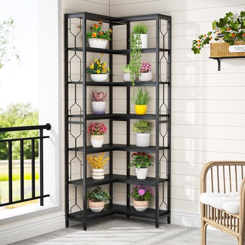Image of Tribesigns Corner Shelf, 7-Tier Industrial Corner Bookshelf, Wood and Metal Corner Etagere Bookcase, Freestanding Display Shelf for Living Room, Kitchen, Home Office, Light Black