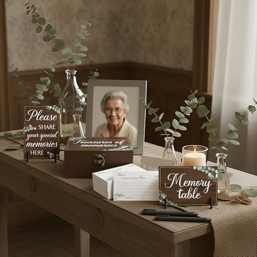 Image of Gilprop 112 Pcs Celebration of Life Memory Cards Set Share a Memory Cards with Box 2 Wood Sign with 4 Hold and 5 Pens, Sympathy Memorial Gifts Funeral Keepsake Decorations(Eucalyptus Leaves)