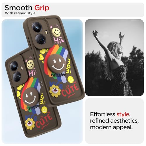Image of Pikkme Back Cover for Realme 10 Pro Plus 5G | Soft Silicone| Cute Rainbow Smile & 3D Cartoon Flower Design | Shockproof Raised Camera Protection Bumper Case (Brown)