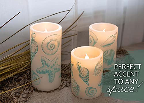 Image of Elanze Designs Seashells Nautical Blue 6 inch Wax LED Flameless Pillar Candles Set of 3