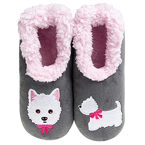 Snoozies! Pairables Westie Dog Super Soft Sherpa Fleece Womens Slippers Non Slip Sole - Ladies Sizes 3-7 (large)