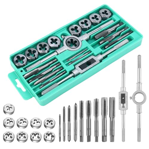 Gueenky 20 Pièces Kit de Taraudage et Filetage M3-M12, Tarauds avec Tourne à Gauche Tarauds et Filières Métriques Outil a Tarauder pour Réparation de...