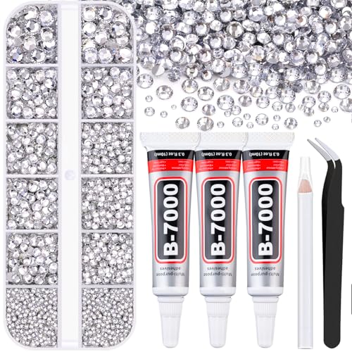 Resin Rhinestones for Crafting with B7000 Jewelry Glue, 1 Box Clear Flatback Crystals with 3Pcs 10ml Glue for Bedazzling Crafts DIY Nail Art Makeup，Non Hotfix Gems for Clothing Shoes