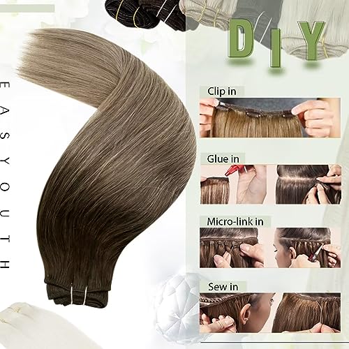 Easyouth Weft Human Hair Extensions Brown Balayage Weft Hair Extensions Real Human 20 Inch 100g Double Wefts Sew in Extensions Ombre Brown to Ash Blonde for Women - Image 4
