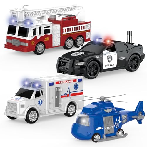 image for COVTOY 4 Packs Emergency Vehicle Toys with Lights and Siren Sound,Incl