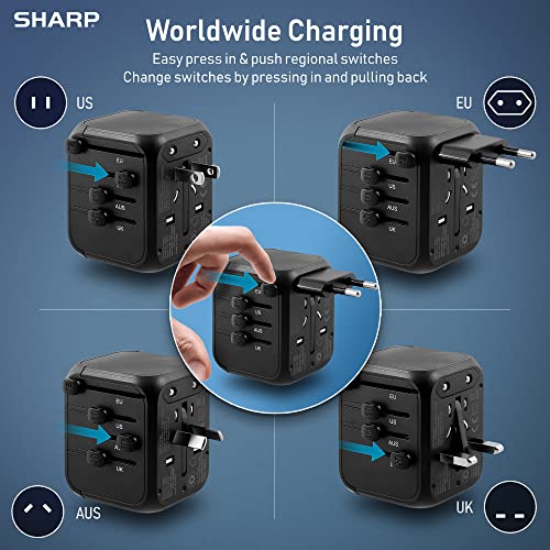 SHARP Universal Travel Adapter International Wall Charger Worldwide AC Plug Adaptor with 3 USB-A and 1 USB Type-C for USA EU UK AUS (Black)