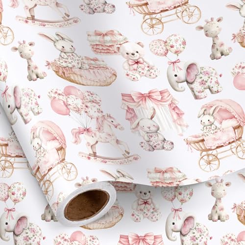 RUSPEPA Baby Girl Wrapping Paper Roll, Mini Roll, Pink Nursery Animals Gift Wrap with Bear, Elephant, Rocking Horse, Baby Carriage Design for Shower, Newborn Girl Gift, Birthday, 17 Inches x 16.4 Feet