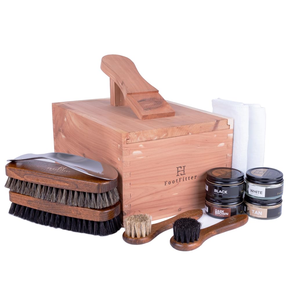 FootFitter Shoe Shine Kit with Cedar Valet Box, Premium Polish Cream, Buffing & Conditioning Tools for Leather, Dress Shoes & Boots