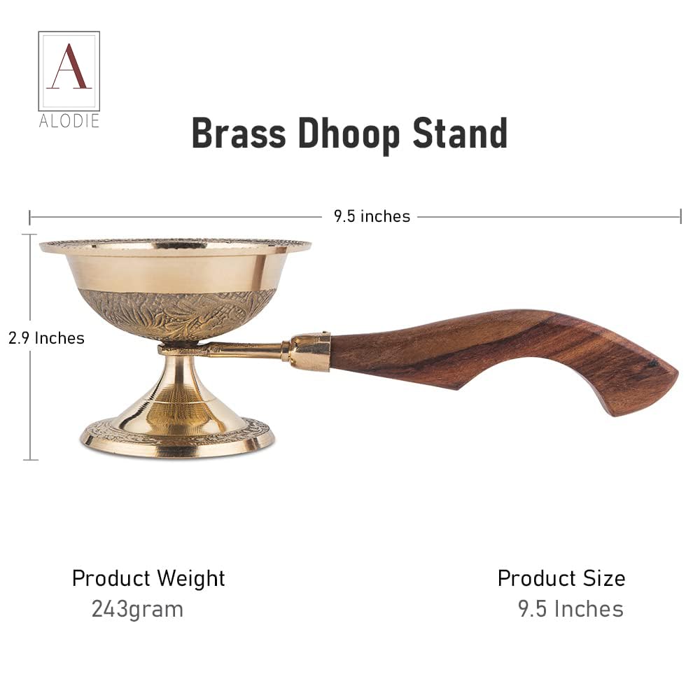 Alodie - Brass Sambrani Stand & Loban Dhoop Dani Burner with Wooden Handle for Kapur - Sambrani Dhoop Holder Pooja Items for Home (Stander 9.5x4x2.9) 2