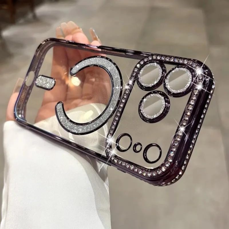 Image of for iPhone 17 Pro Max Magnetic Glitter Case,Luxury Bling Rhinestone Diamond Plated Bumper Case Sparkle Camera Lens Protection Clear Cover for iPhone 17 Pro Max (Purple)