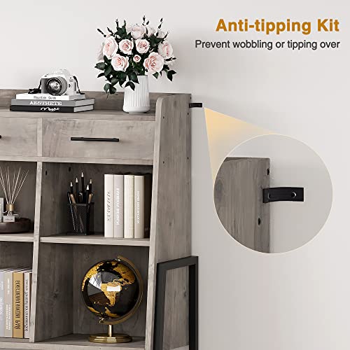 Idealhouse Bookcase Horizontal Bookshelf Short Bookcases With Drawers Small Storage Shelves 4 Cube Organizer Metal Frame Wood Display Cabinet For Bedroom, Living Room, Home Office, Grey #TOP6