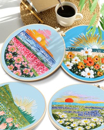 Image of TINDTOP Embroidery Kit for Adult, 4 Pack Cross Stitch Practice Kits for Beginners Include Embroidery Cloth Hoops Threads for Craft Lover Hand Stitch with Embroidery Skill Techniques | for Beginners Include Embroidery Cloth Hoops Threads for Craft Lover Hand Stitch with Embroidery Skill Techniques