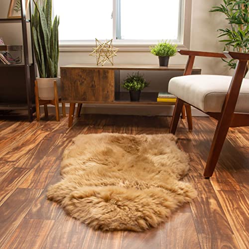 Super Area Rugs Genuine New Zealand Fluffy Sheepskin Rug For Bedroom Living Room, Beige Brown, Large 2' X 3' Single Pelt #TOP12