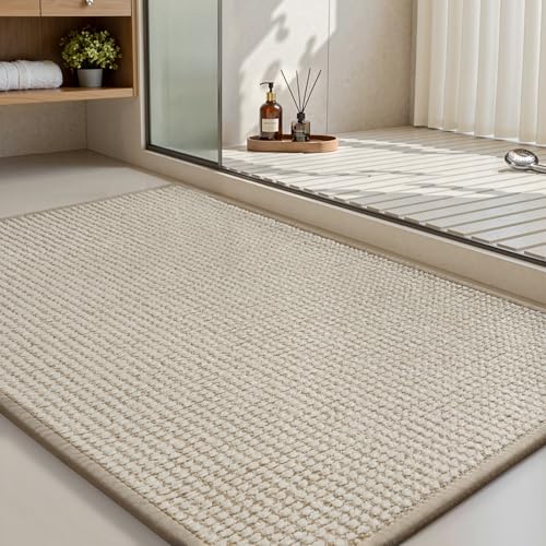 MontVoo Bath Mat,Chenille Absorbent Bathroom Mat Quick Dry Rubber Backed Bathroom Rugs Non Slip Washable Bath Mats,Ultra Thin Bathroom Rugs Fit Under Door,20"x32",Beige 20"x32" Beige
