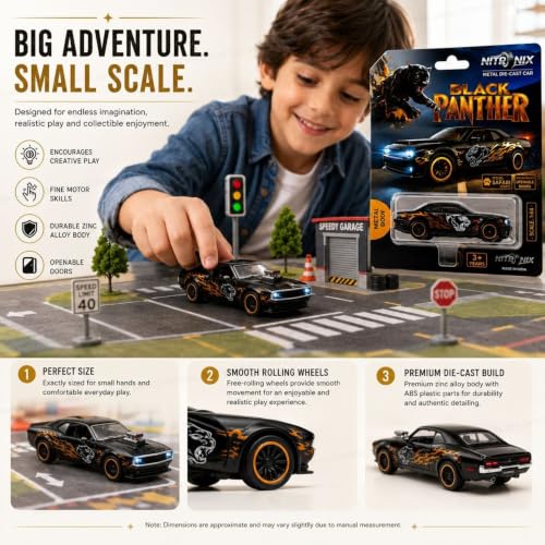 Image of 1:64 Black Panther Premium Die Cast Metal Toy Car for Kids | Mini Sports Car Collectible Model with Free Rolling Wheels, Realistic Design, openale door,Metal Vehicle, Birthday Gift for Boys & Girls