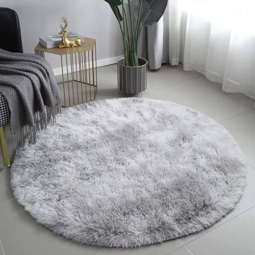 5X5 Tie Dye Light Grey Fluffy Round Rug for Living Room Luxurious Circle Carpet for Bedroom Shaggy Plush Soft Grey Round Rug Home Decoration Carpets (5x5, Tie Dye Light Grey)