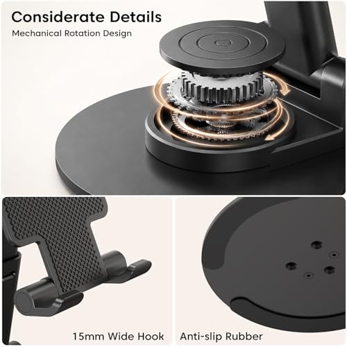 Image of Sounce Adjustable Mobile Stand for Desk | 360 Rotation, Stable Metallic Base | Portable Phone Holder Tripod for Recording | Compatible with Smartphone, Tablet, iPad & Kindle (Black)