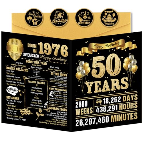 Benjia 50th Birthday Greeting Cards for Men Women, Born in 1976 UK Bday Card with Envelope, 50 Years Old Funny Birthdays Gift Card for Him Her Birthday Decoration Party Supply, Black Gold 20x25 cm