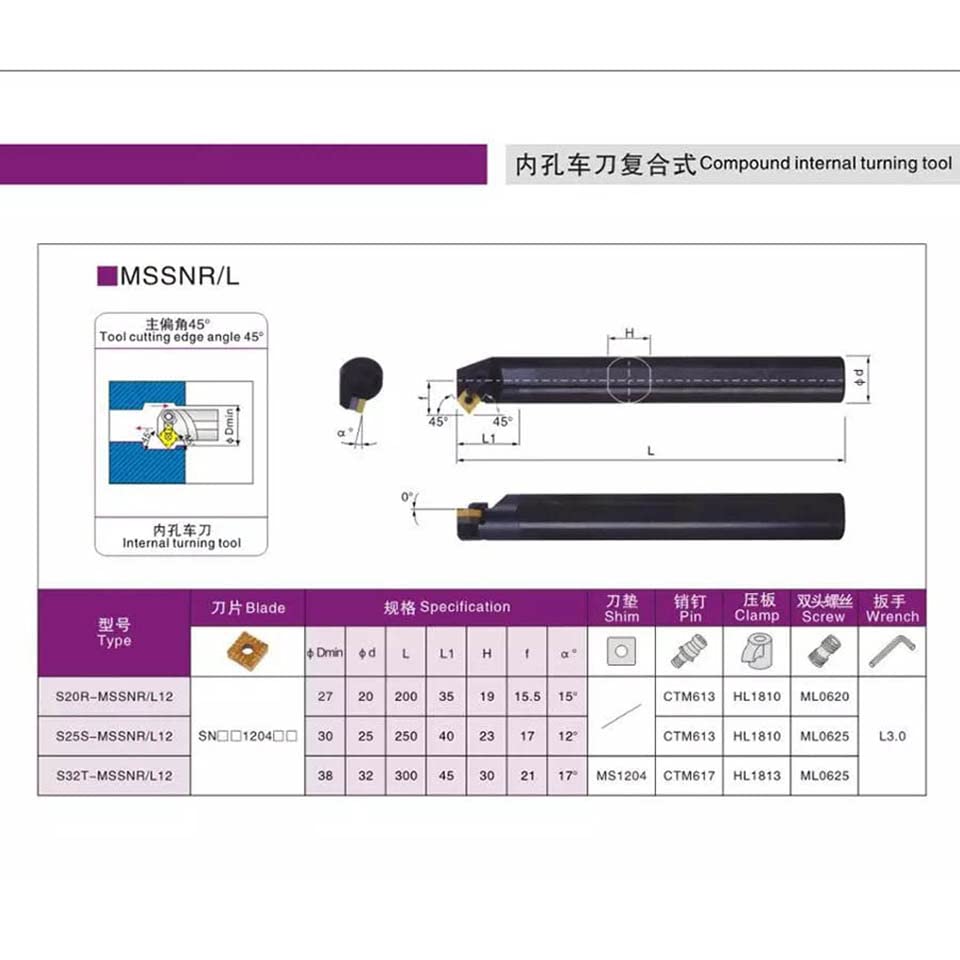 1pc S20R-MSSNR12 S20R-MSSNL12 Internal Turning Tools Holder S25S-MSSNR12 S25S-MSSNL12 CNC Lathe Boring Bar Inner Hole Turning Tools(S20R-MSSNR12)