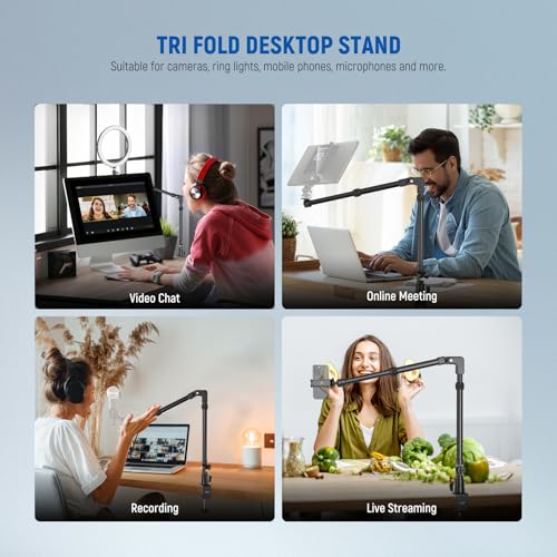 Image of NEEWER 45.5 inch Overhead Camera Desk Stand, Aluminum 4 Section Magic Mic Boom Arm with C Clamp Mount Holder, for Webcam LED Light Microphone Streaming Zoom Video Recording, Max Load 4.41lb, DS023