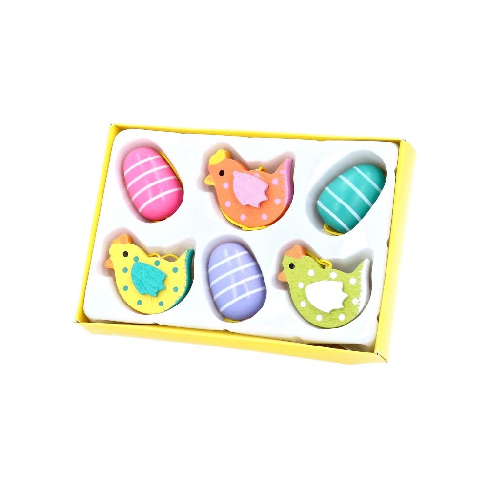 Gisela Graham Natural Wooden Hen And Egg Easter Decorations - Set Of 6