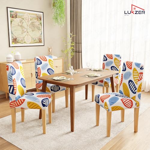 Image of Lukzer 1PC Colorful Leaves Stretchable Dining Chair Cover | Universal Fit Removable Washable Slipcover | 140 GSM Polyester + Spandex | Elastic Protective Cover for Home & Hotel Chairs Seat Slipcover