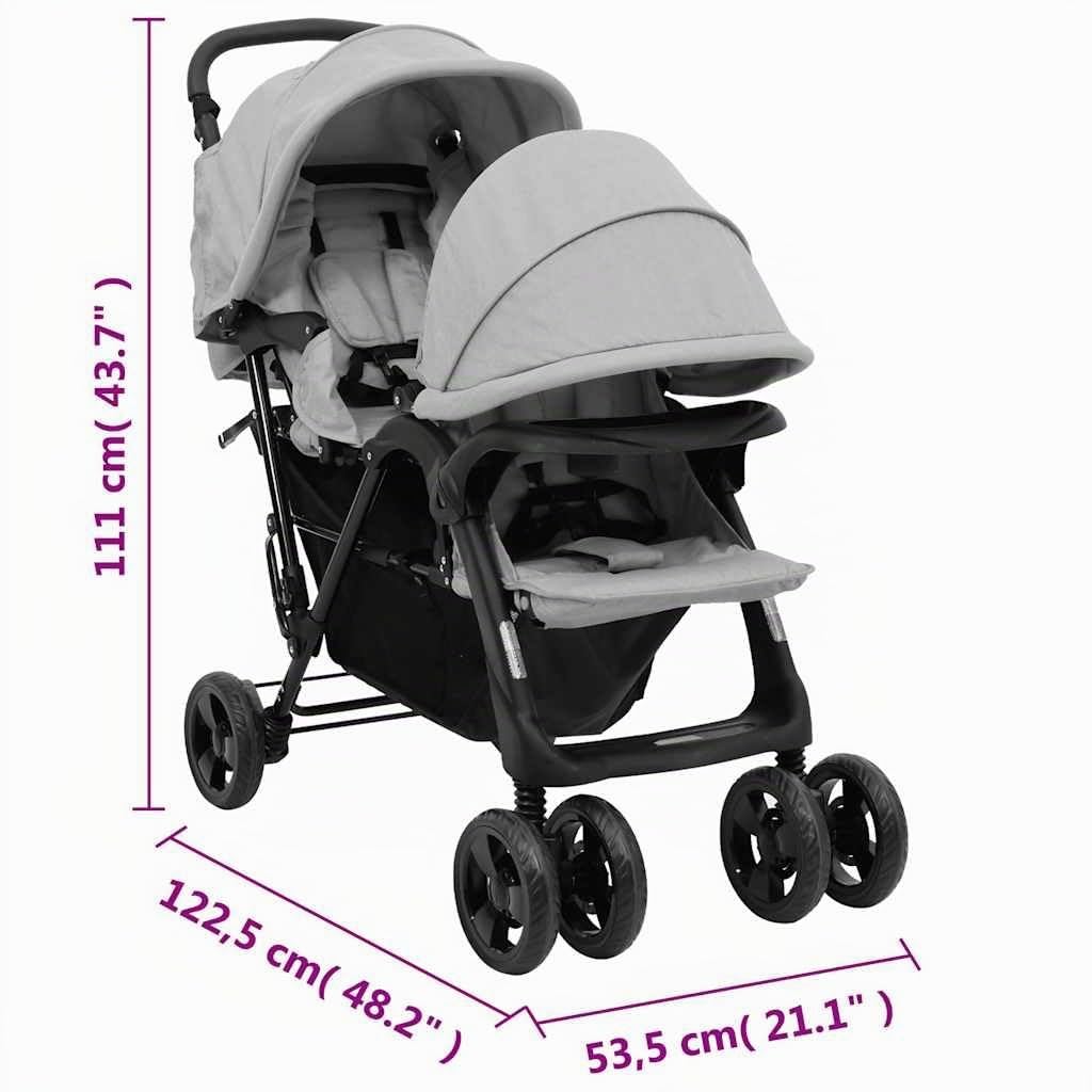 vidaXL Carrito para Gemelos Cochecito Sillita Gemelar Silla de Paseo Canasta Niños Reposapiés Ajustable Dosel Plegable Tándem Acero Gris Claro
