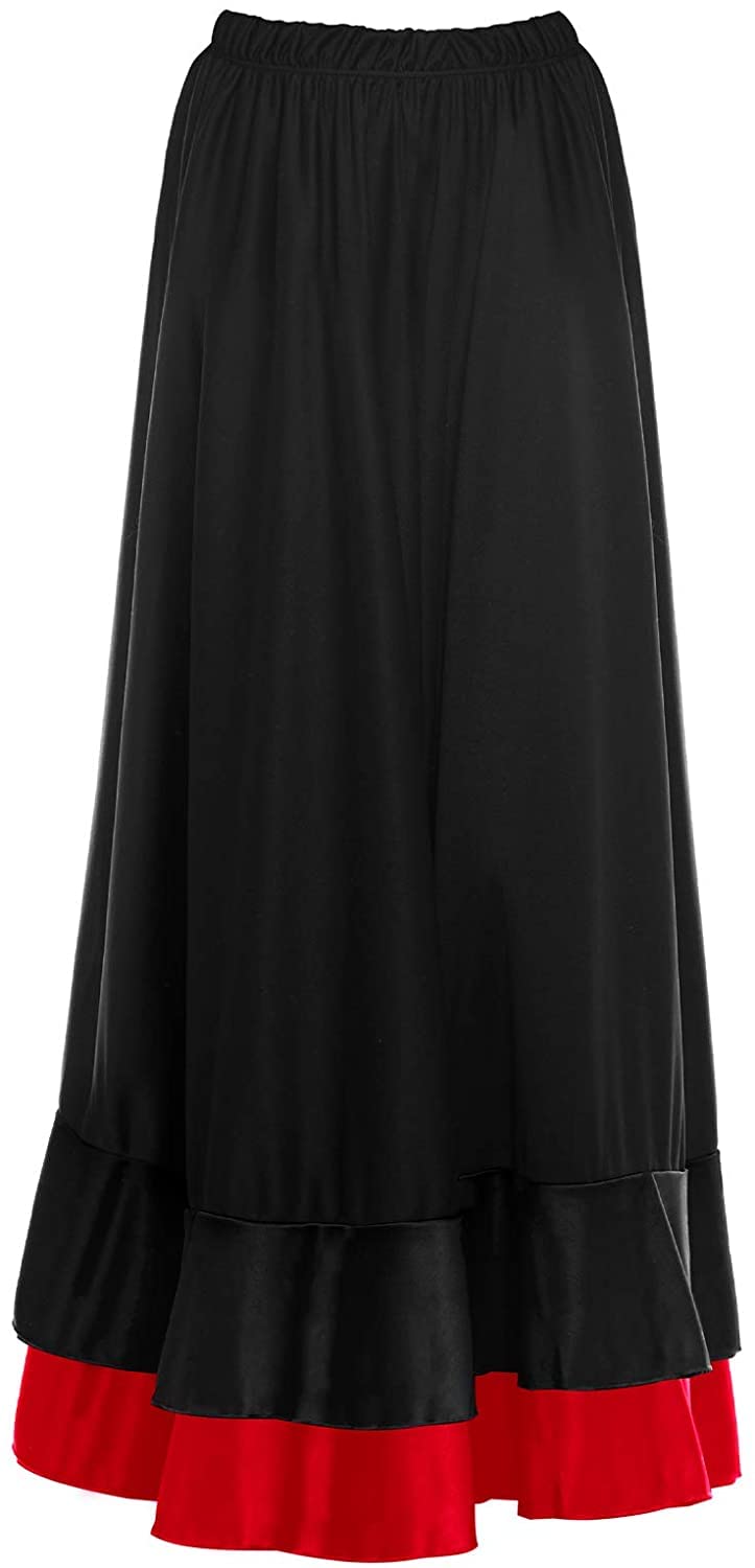 Falda Flamenco Mujer Español, Falda Ensayo Flamenco Largo Negro Rojo Volante Simple Volante Doble para Mujer Falda Baile Danza Clase Fiesta