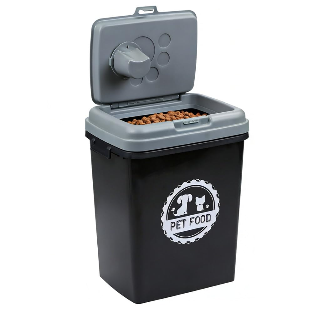 Greenfields 40L/15KG - Pet Food Storage Airtight Storage Container with Flip Top Locking System - Integrated Scoop Food Dispenser Bin, Birds, Pets, Cat, Dog, Fish, Pellet (Black/Grey)