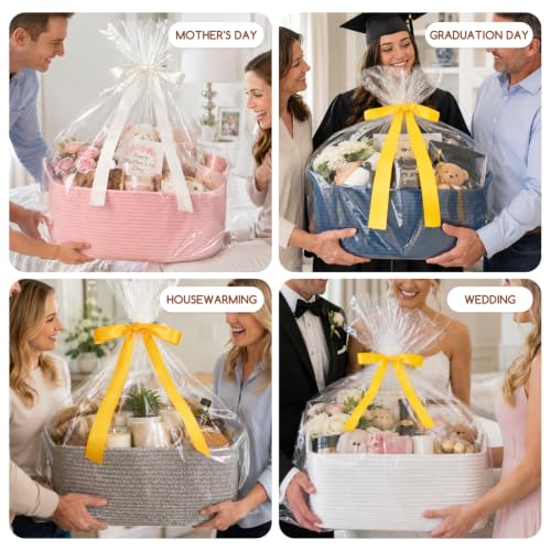 Image of OIASKET Large Empty Cotton Rope Gift Basket with Handles, 16.5 inchx12.6 inchx7 inch Decorative Woven Storage Basket with Gift Bag and Ribbon Set for Baby Shower, Toy Organizer for Kids, Dogs & Cats - Blue