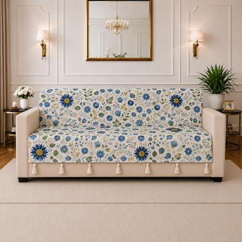 Image of STITCHNEST 'Eden Weaves Collection Series' 3 Seater Sofa Cover - Full Coverage| Elegant Woven Fabric, Decorative Tassels, Washable & Durable for Modern Living