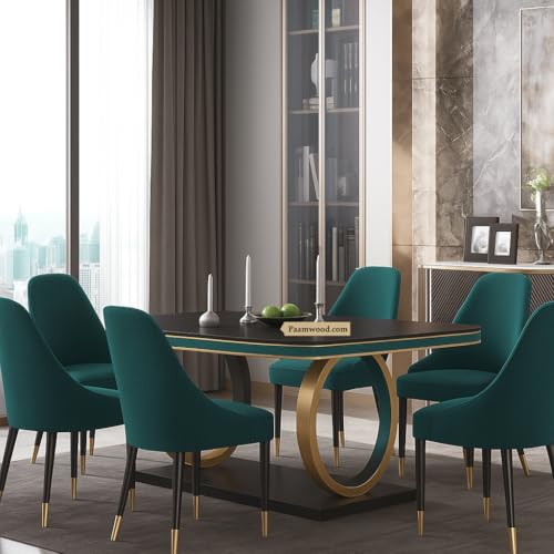 Image of 6-Seater Dining Table with Nano Composite Marble Top and PVC Golden Wooden Base |2yr Warranty - Includes 6 Fabric Upholstered Chairs (Sea Blue)