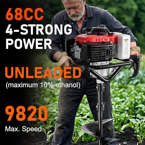 Image of 68CC Gas Powered Post Hole Digger, 4 Stroke Auger with 6&8 Inch Bits | No Gas-Oil Mix! 68CC Powerful Motor, Quieter Than 2-Stroke. Includes 6 inch&8 inch Auger Bits + Extension Rod