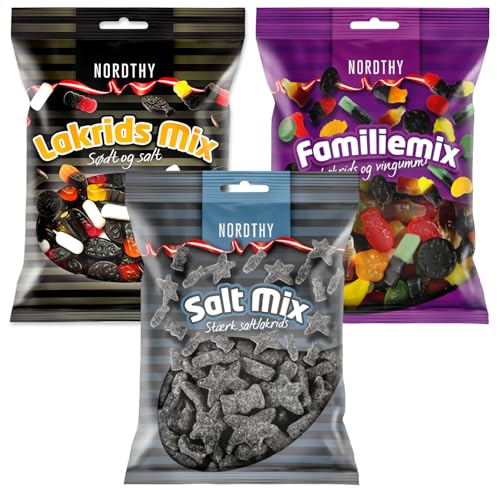 Nordthy Lakritz Mix 3er Set – Salzlakritz stark, Lakritzmix süß & salzig & Familienmix – 3×170 g dänische Lakritz