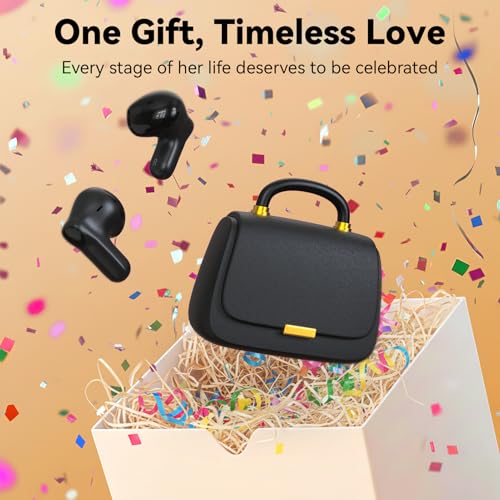 Image of ANCwear Black Wireless Ear Buds for Girls, Quiet Luxury Handbag Earbuds with Mini Purse Charging Case, DIY Stickers, Bluetooth 5.3, 22H Battery Life, Chic Gift Earbuds for Women Teens