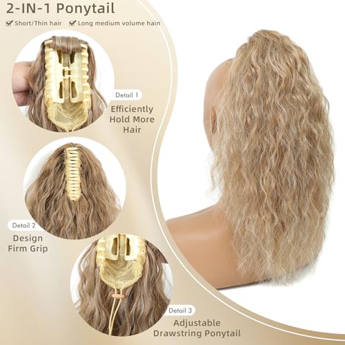 Image of Claw Clip Ponytail Extension 16In Curly Hair,Blonde Highlight H27 /88#
