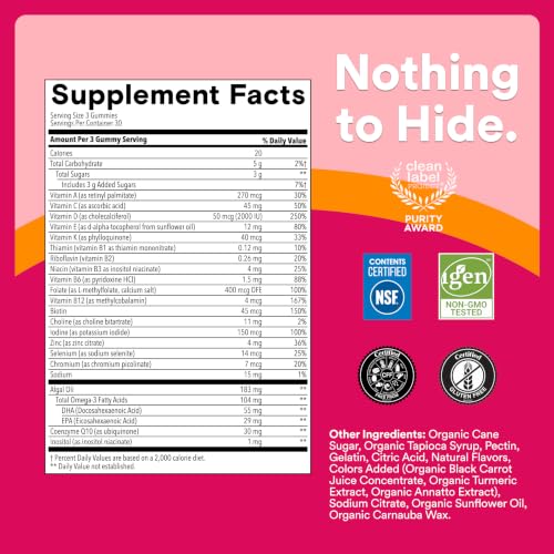 Image of SmartyPants Women's Multivitamin Gummies, Omega 3 DHA /EPA, Methylfolate, CoQ10, Vitamin D3, C, B12, B6, A, K, Zinc, Three Fruit Flavors, 90 Count (30 Day Supply)