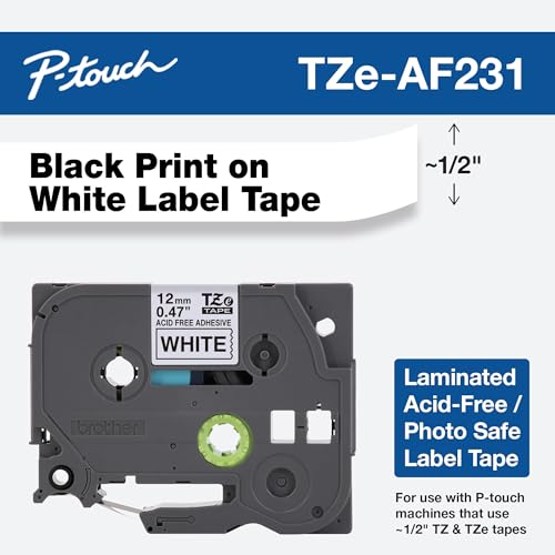 Image of Brother Genuine P-touch TZE-AF231 Tape,1 /2 inch (0.47 inch) Wide Acid-Free Adhesive Laminated Tape, Black on White, Safe for Photo-Labeling or Scrapbooking, Water-Resistant,0.47 inch x 26.2' (12mm x 8M), TZEAF231