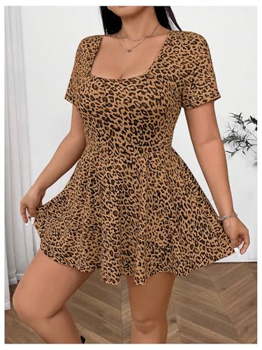 Image of WDIRARA Women's Plus Size Leopard Print Dress Square Neck Short Sleeve Ruffle Hem A Line Dress