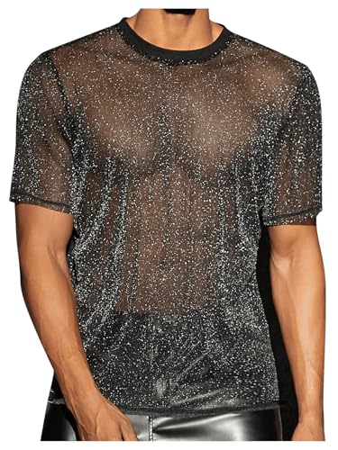 WDIRARA Men's Glitter Mesh Sheer T Shirt Rave See Through Shirt Short Sleeve Top Tee A Black