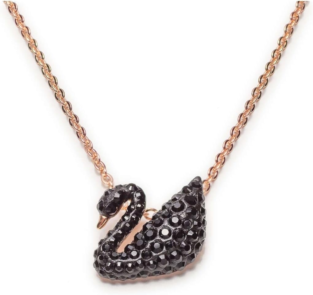 Swarovski Black Crystal Swan Pendant Necklace Rose Gold Chain