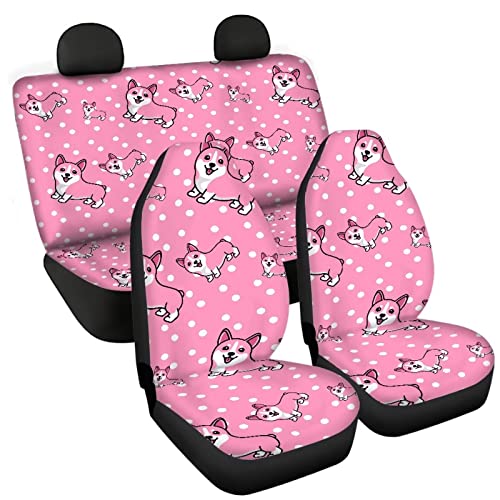 Image of Modysero Polka Dots Corgi Print Pink Car Set Cover Full Set Durable Soft Front Rear Bench Seat Cover Set for Women Elastic Breathable Automotive Seat Protector Universal Fit All Cars Trucks