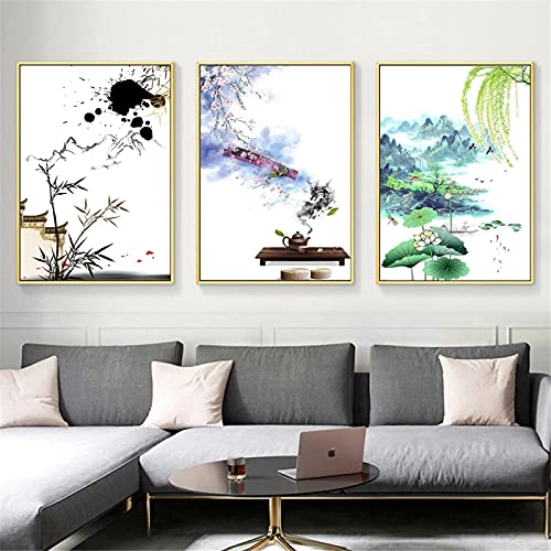 Peinture sur toile chinoise lot de 3 affiches abstraites lotus et montagne 50x70cm