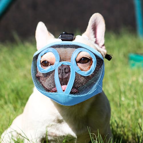 Image of Short Snout Dog Muzzles- Adjustable Breathable Mesh Bulldog Muzzle for Biting Chewing Licking Grooming Dog Mask,Blue XL