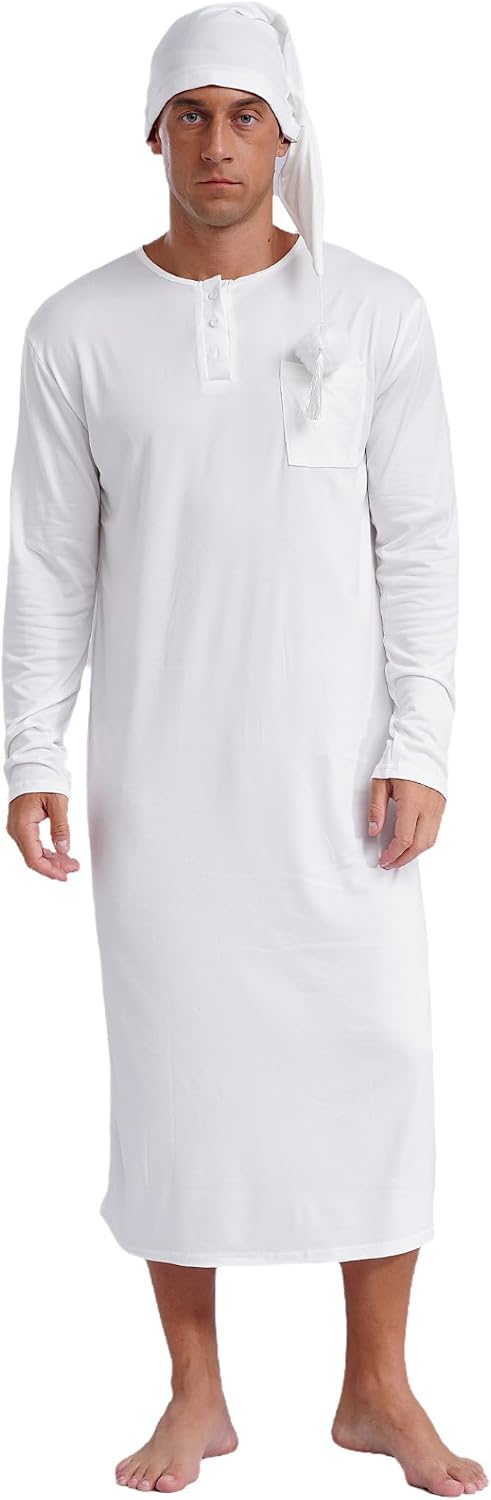 Vxuxlje Men's Nightshirts Long Sleeve Henley Sleep Shirt with Hats Big&Tall Nightgowns Loungewear