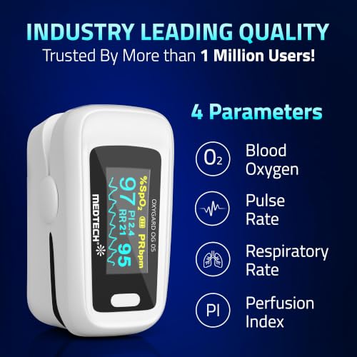 Image of Medtech OG05 - Fingertip Pulse Oximeter | Blood Oxygen Saturation and Heart Rate Monitor | SpO2 Oxygen Meter | Finger Pulse oximeter | 4 Parameters - Perfusion Index, Respiratory Rate, Oxygen Level and Pulse Rate | High Accuracy | 12 Months Warranty