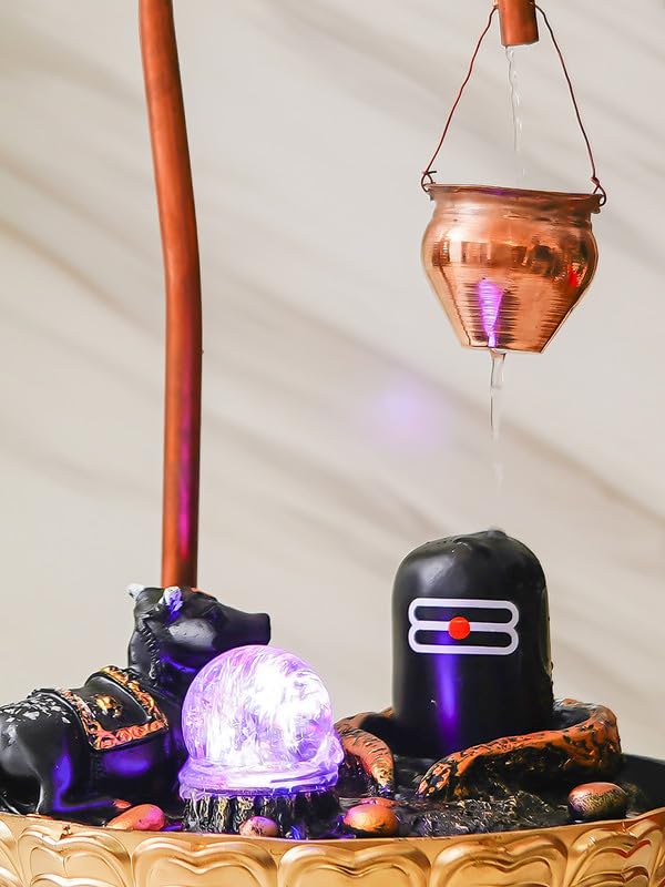 Image of Copper Metal Shivling with Nandi Tabletop Indoor Water Fountain with Crystal Ball and LED Light for Home Decor (28 x 28 x 46 CM : Color - Copper | Weight - 1380)