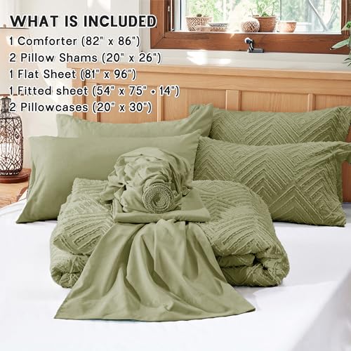 Image of Zzlpp Full Comforter Set 7 Pieces, Army Green Tufted Bed in a Bag, All Season Boho Bedding With Comforter, 2 Pillow Shams, 2 Pillowcases, 1 Flat Sheet, 1 Fitted Sheet
