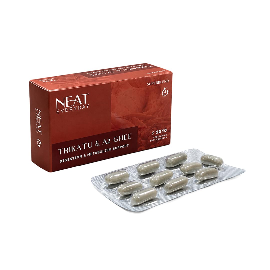 NEAT EVERYDAY Trikatu & A2 Ghee Capsules | Digestion & Metabolism Support | Vegetarian Soft Capsules | Ayurvedic Herbal Supplement | 30 Capsules